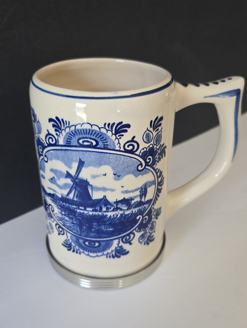 Blue Delfts Classic Blue & White Ceramic Mug With Pewter Rim Base